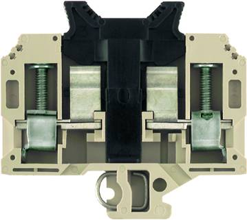 Klemmenblock mit zwei Schraubbefestigungen und einem schwarzen Gehäuse, verwendet zur sicheren Verbindung von elektrischen Leitungen.