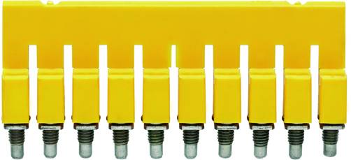 Gelbe Reihenklemme mit acht Steckverbindungen, verwendet zur einfachen elektrischen Verbindung mehrerer Kabel in einem Schaltschrank.
