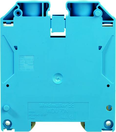 Ein hellblauer elektrischer Klemmenblock mit der Aufschrift 'Weidmüller WDU 70N'.
