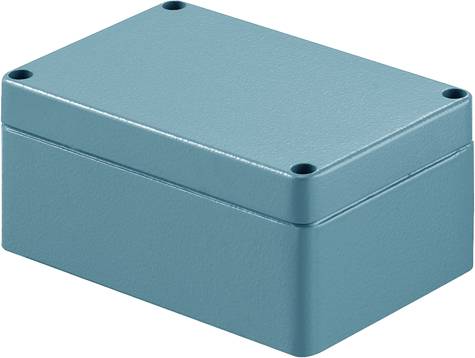 Ein rechteckiges, hellblaues Gehäuse mit abgerundeten Ecken, das möglicherweise als Schutzbox oder elektrisches Gehäuse dient.