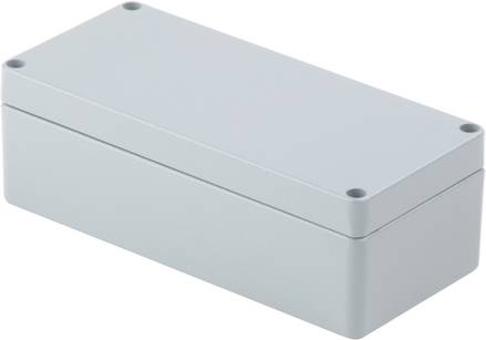 Rechteckiges, graues Gehäuse aus Kunststoff mit abnehmbarem Deckel und vier Schraublöchern an den Ecken, geeignet für Elektronikbauteile.