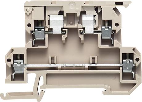 Eine beige Klemmenleiste mit Metallklemmen und Federkontakten, verwendet zur Befestigung und Verbindung elektrischer Drähte in Schaltschränken.