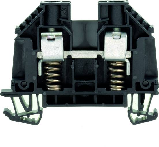 Schwarze, zweistufige Klemmenblock mit Metallfedern in der Mitte, verwendet zur sicheren Verbindung von elektrischen Leitungen in Schaltschränken.