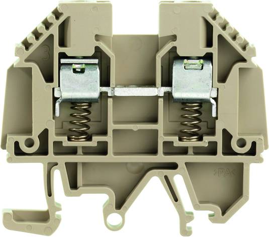 Beige graue elektrische Klemme mit Federmechanismus, zum Verbinden von Drähten in Schaltschränken, zeigt innere Metallfedern.