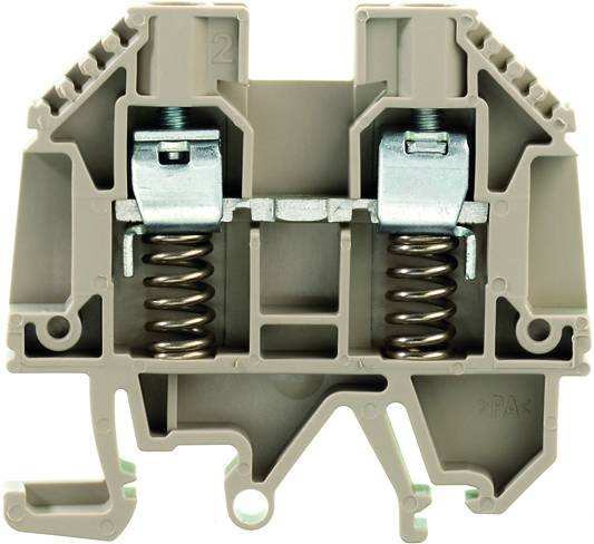 Ein graues elektrisches Klemmengehäuse mit zwei Federsystemen zur Drahtverbindung und -sicherung, zeigt robuste Konstruktionsdetails.