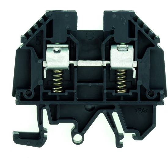 Elektrische Klemme mit Federn, Gehäuse aus schwarzem Kunststoff, zeigt Verbindungsmechanismus für Kabel.