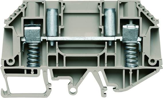 Ein graues elektrisches Klemmengehäuse mit Metallfedern und -kontakten, verwendet zur Sicherung und Verbindung elektrischer Kabel in Geräten.