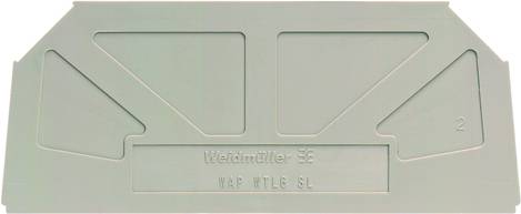 Graue Weidmüller-Abdeckung mit geprägtem Logo und Text 'WAP WTL 6 SL'. Rechteckige Form mit geometrischen Mustern und Zahlen.