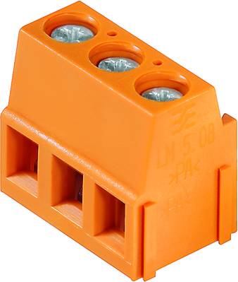 Orange Klemmenblock, dreipolig, für elektrische Verbindungen auf Leiterplatten.