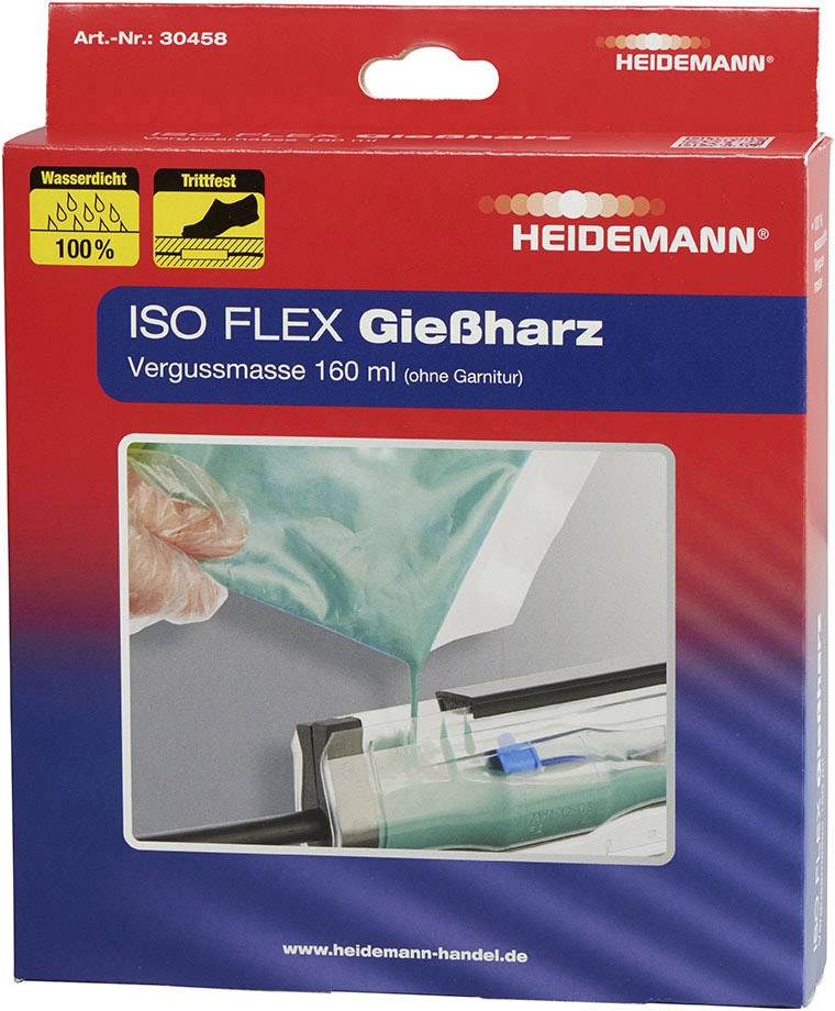 Verpackung eines ISO FLEX Gießharzes von Heidemann, 160 ml. Wasser- und trittfest. Bild zeigt das Harz im Gebrauch.