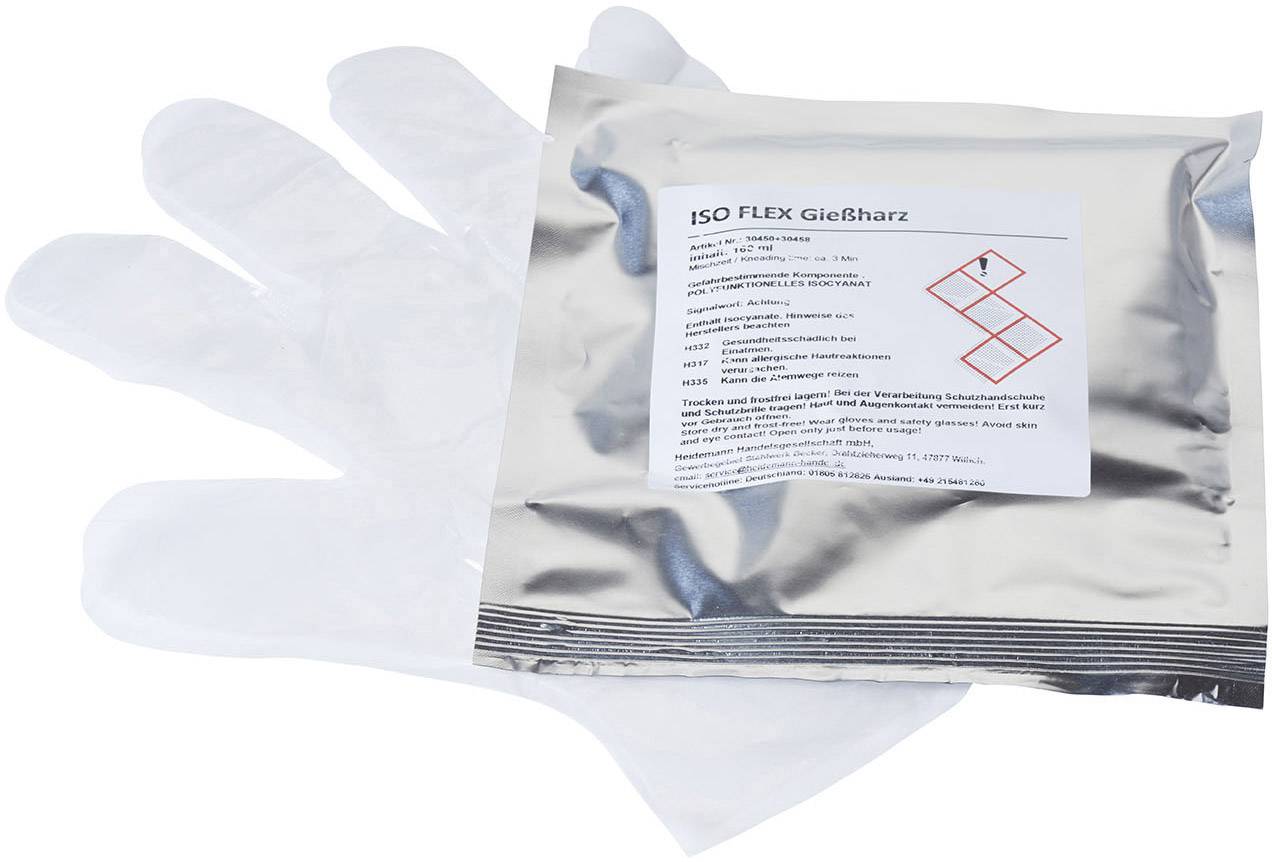 'ISO FLEX Gießharz' Verpackung auf Handschuhen. Text enthält Informationen zur Anwendung und Sicherheitssymbole für Chemikalien.