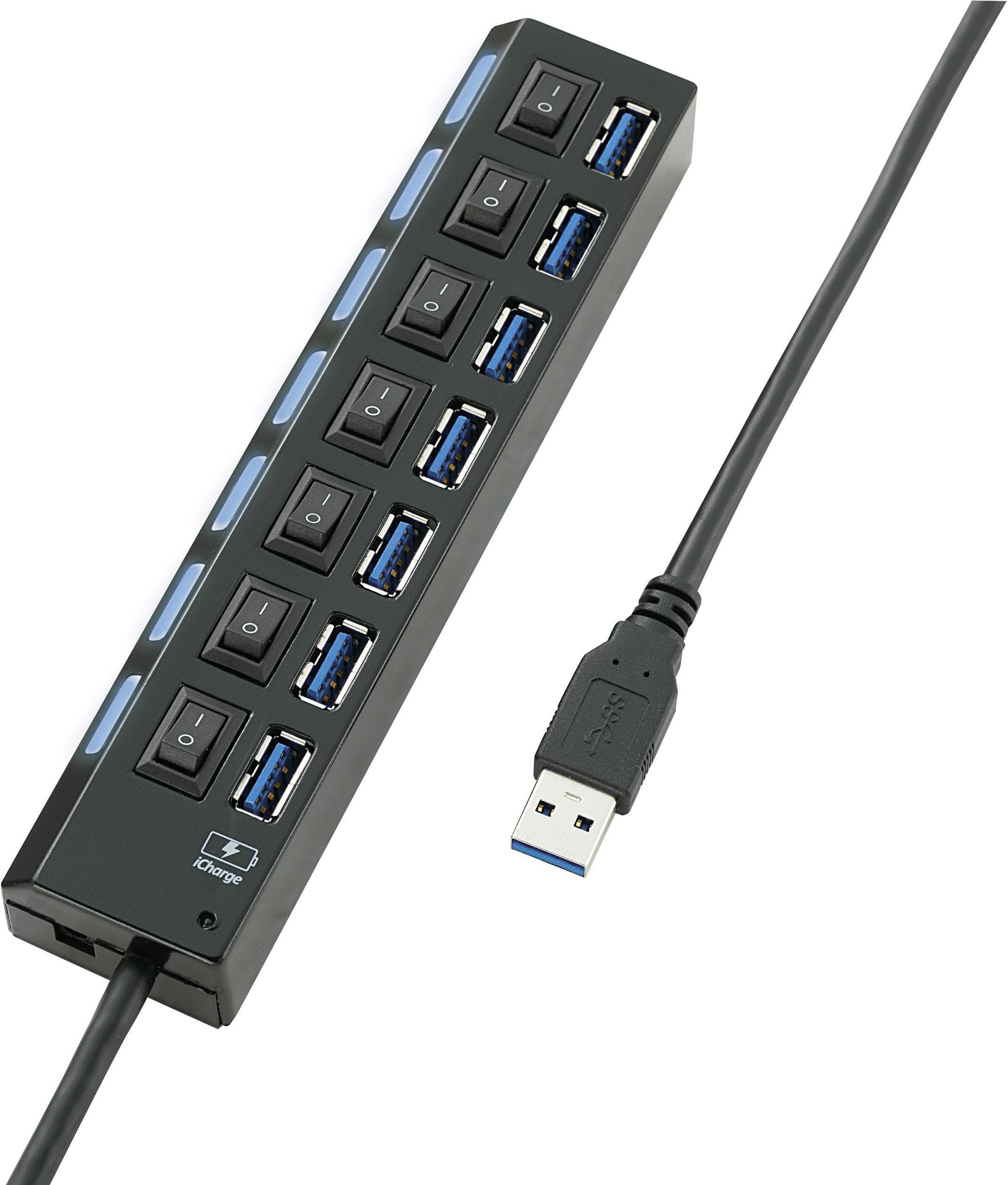 USB-Verteiler mit neun Ports und angeschlossenen Kabel. Jeder Port hat einen eigenen Ein- und Ausschalter.