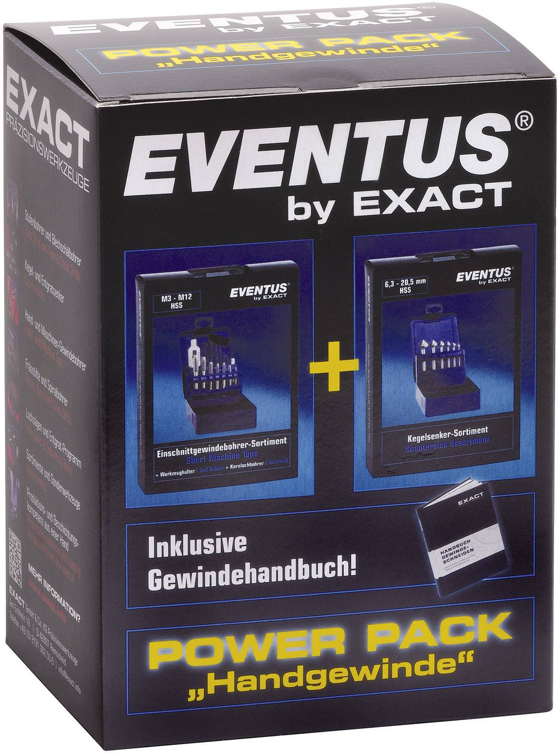 Verpackung eines EVENTUS by EXACT Power Packs 'Handgewinde', inklusive Gewindehandbuch, mit Abbildungen von Gewinde-Sets.