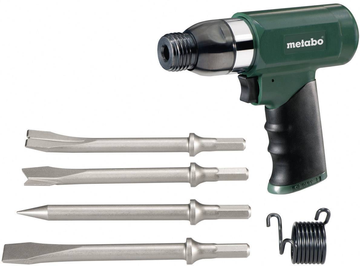 'Druckluft-Meißelhammer-Set' mit grünem Hammer, vier unterschiedlichen Meißelaufsätzen und einer Haltefeder, auf weißem Hintergrund.