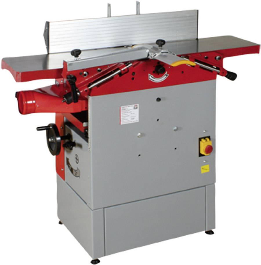 Hobelmaschine mit rotem und grauem Gehäuse, Bedienknöpfen und Hebeln, aufgestellt auf einem Werkstattboden.