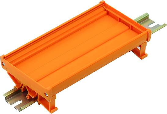Oranger Tragschienenadapter aus Kunststoff für die Hutschienenmontage, zeigt Schienenführung und Befestigungsmechanismus.