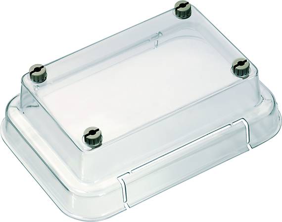 Transparente, rechteckige Abdeckung mit vier Schrauben an den Ecken, geeignet zum Schutz von Elektronikteilen oder Schaltungen.
