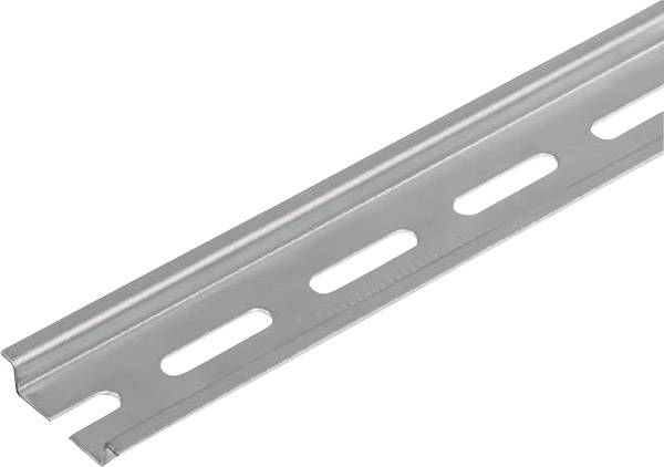 Metallschiene aus Edelstahl mit rechteckigen Aussparungen, geeignet für Montagezwecke in technischen oder industriellen Anwendungen.