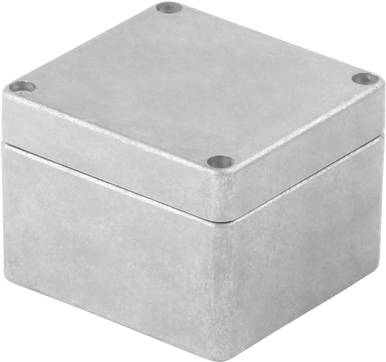 Eine silberne, rechteckige Box mit abgerundeten Ecken und vier Schraubenlöchern, möglicherweise ein Gehäuse für elektrische Geräte.