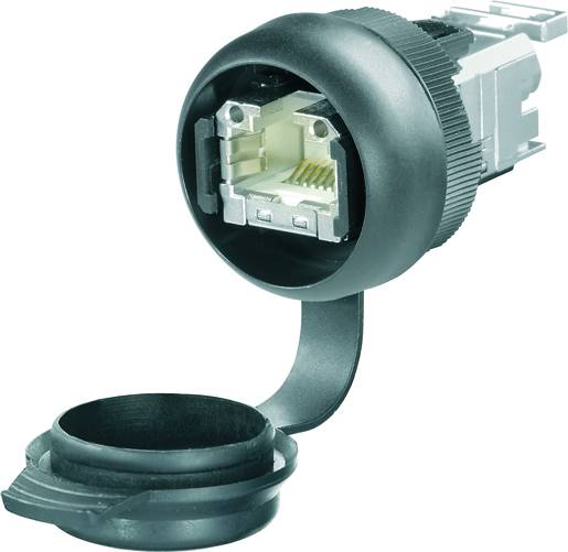 RJ45-Stecker mit aufklappbarem Schutzdeckel, geeignet für Netzwerkgeräte, betont Haltbarkeit und einfache Installation.