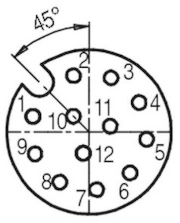 Technische Zeichnung eines kreisförmigen Stecker-Anschlussplans mit zwölf nummerierten Pins und einem 45-Grad-Referenzwinkel oben links.
