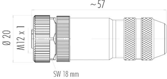 Technische Zeichnung eines zylindrischen Steckverbinders mit Maßen: Durchmesser 20 mm, Länge ~57 mm, Gewinde M12 x 1, Schlüsselweite 18 mm.