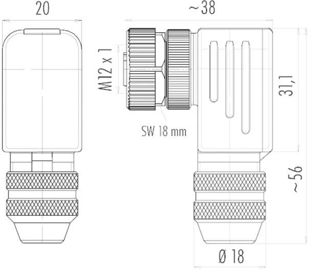 Technische Zeichnung eines Steckers mit Durchmesserangaben: Ø18 mm, Länge ca. 56 mm, Breite ca. 38 mm. Verbindung M12 x 1.