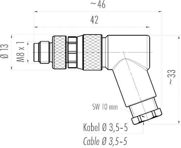 Technische Zeichnung eines abgewinkelten Steckers. Maße: Gesamtlänge 46 mm, Durchmesser 13 mm, Kabeldurchmesser 3,5-5 mm.