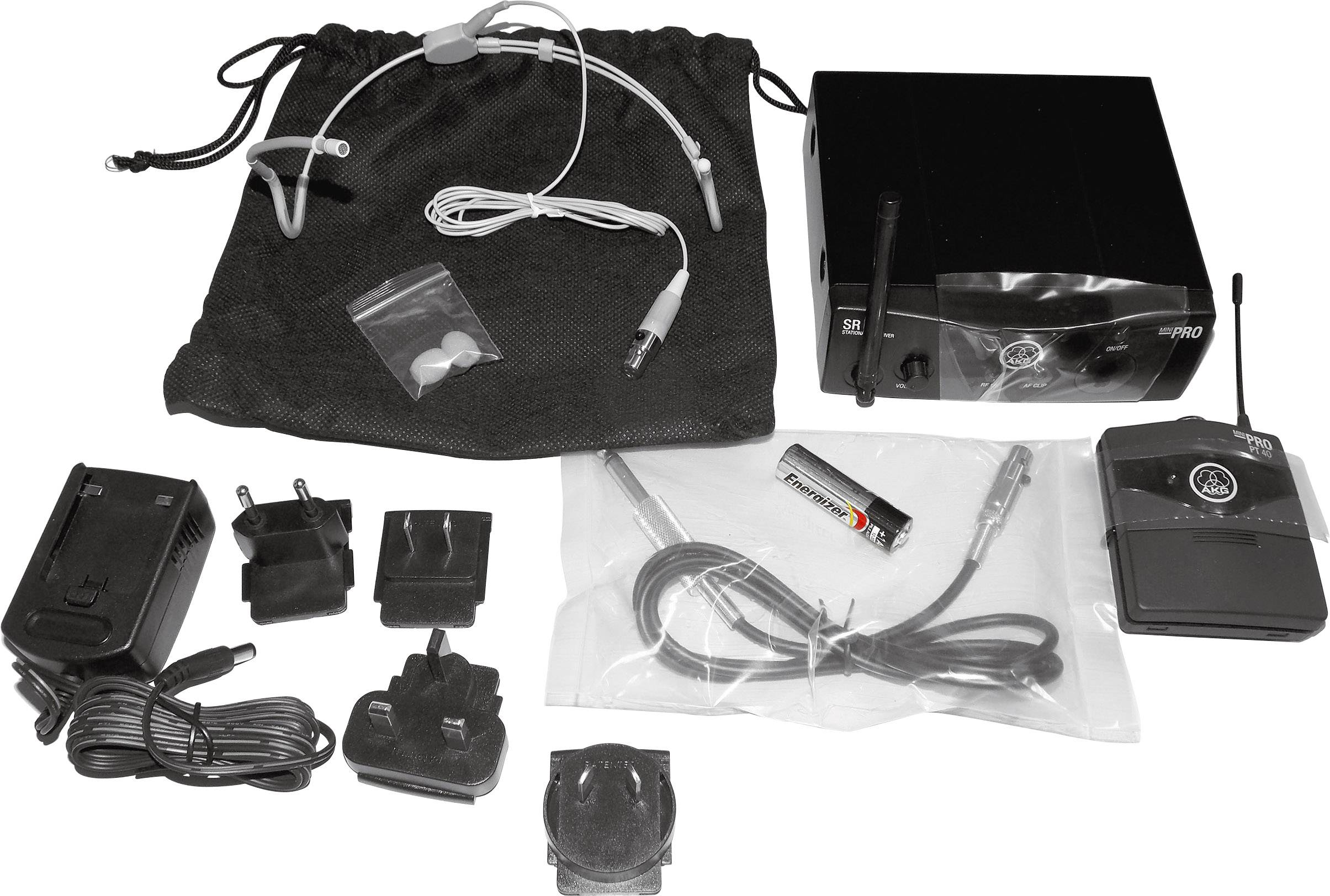 AKG wireless microphone system: Empfänger, Sender, Headset, Kabel, Adapter, Netzkabel, Batterien und Tragetasche.