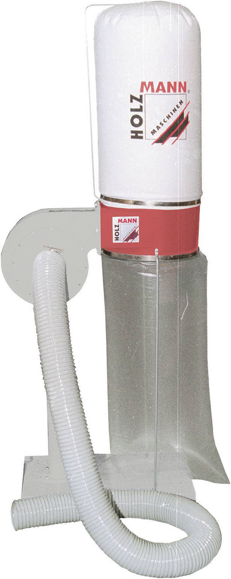 Staubabsauganlage mit großem Filtersack und flexiblem Schlauch; geeignet für Holzarbeiten in Werkstätten; weiße und rote Farbgestaltung.