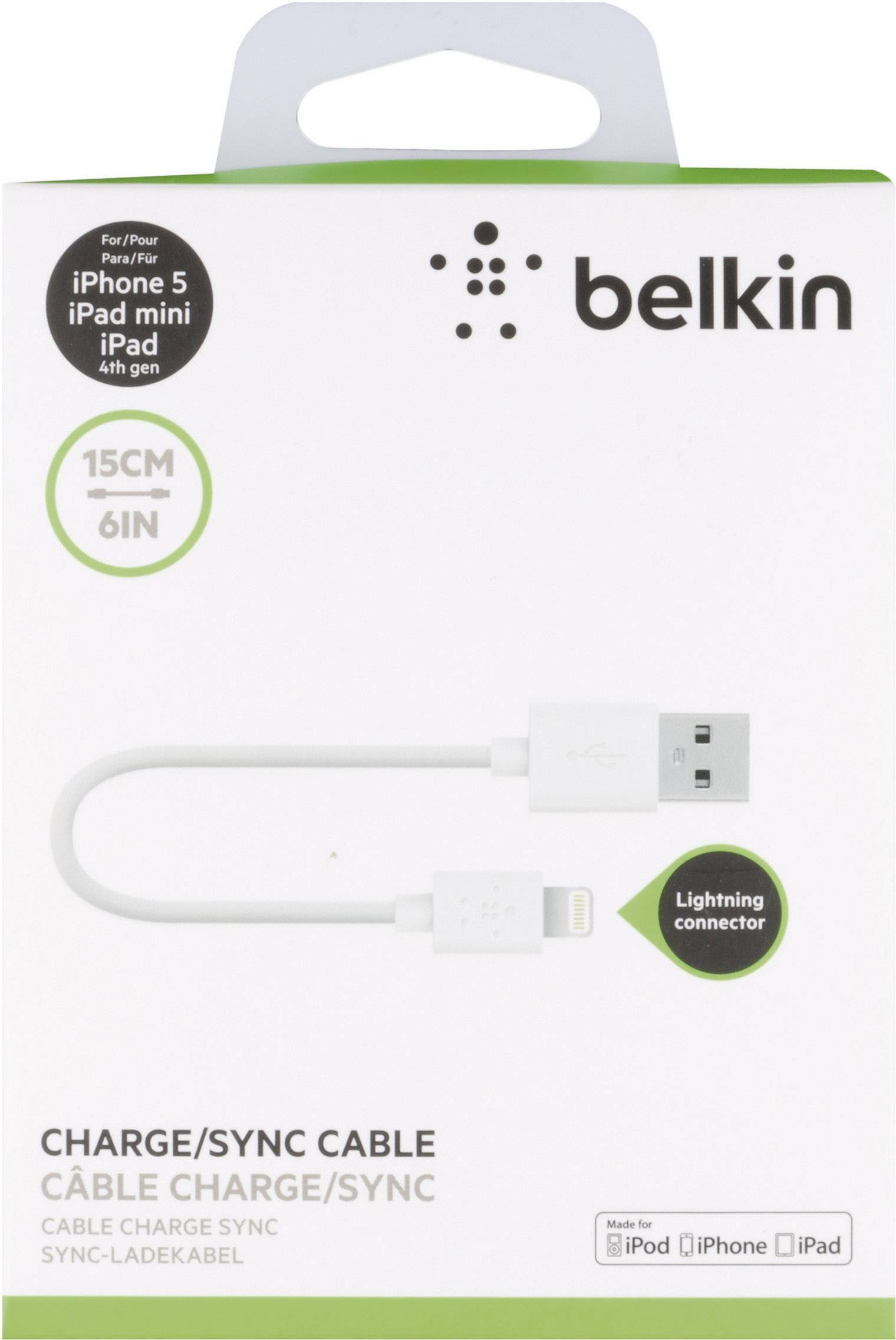 Belkin Apple iPad/iPhone/iPod Anschlusskabel [1x USB 2.0 Stecker A - 1x Apple Lightning-Stecker] 15.00 cm Weiß