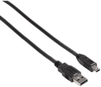 Ein schwarzes USB-Kabel mit einem Standard-USB-Stecker und einem Mini-USB-Stecker, geeignet zum Verbinden von Geräten.