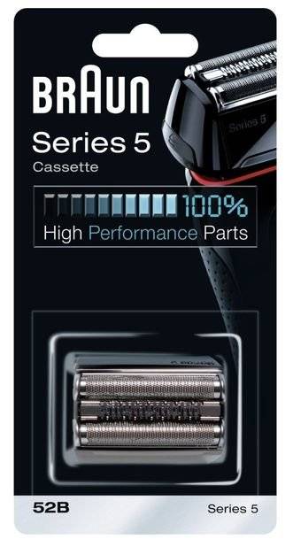 'Braun Series 5 Kassette', Ersatzteil für Rasierer, zeigt ein Rasiererkopf-Ersatzteil in schwarzer Verpackung mit Beschriftung 'High Performance Parts'.