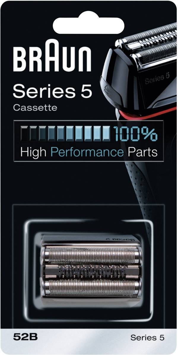 Verpackung eines Braun Series 5 Rasierer-Kassettenersatzteils, Modell 52B, mit Fokus auf Hochleistungsersatzteile.