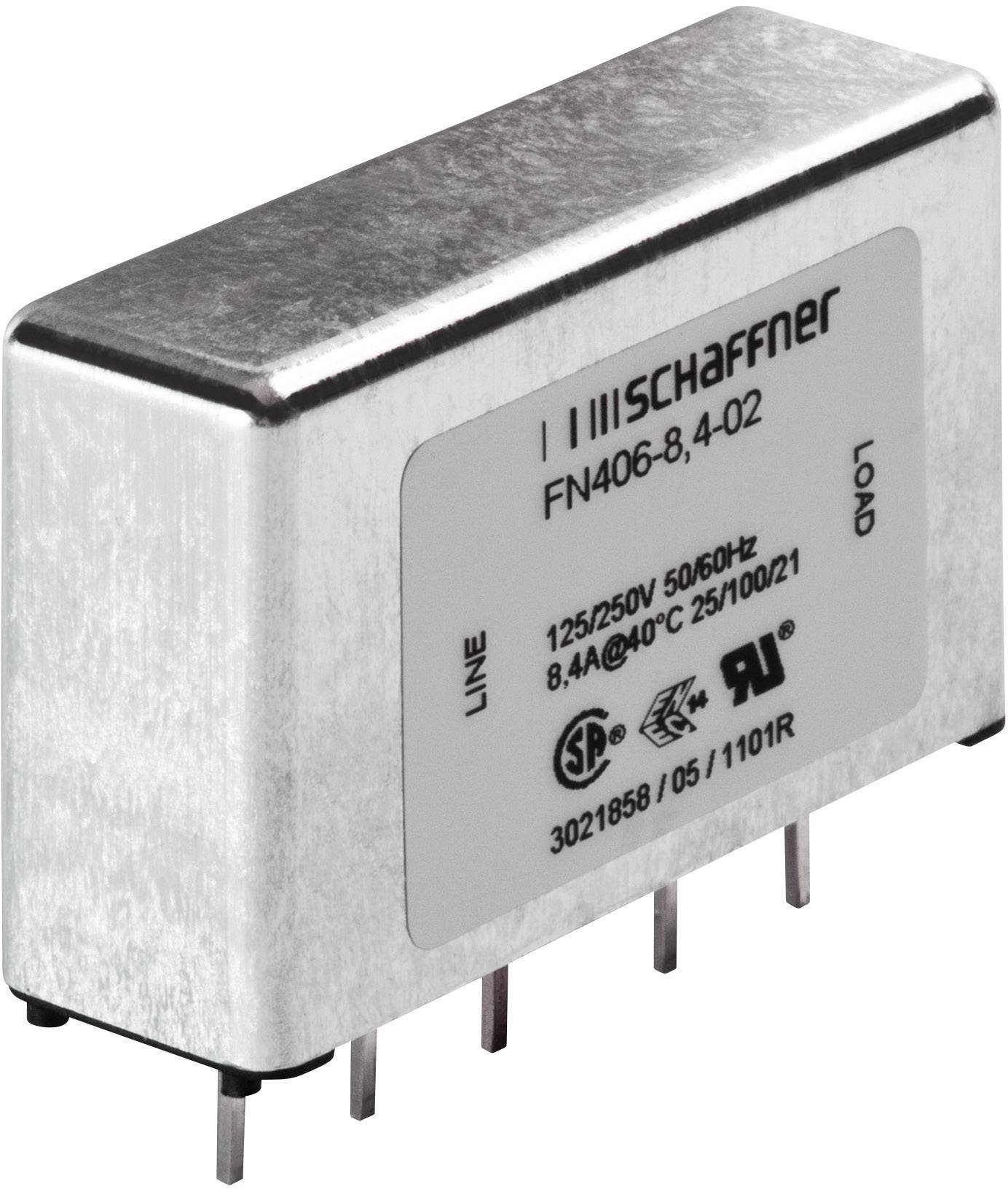 Ein Metallgehäuse mit mehrpoligem Anschluss zeigt einen elektromagnetischen Filter, Marke 'Schaffner', geeignet für 125/250V bei 50/60Hz.
