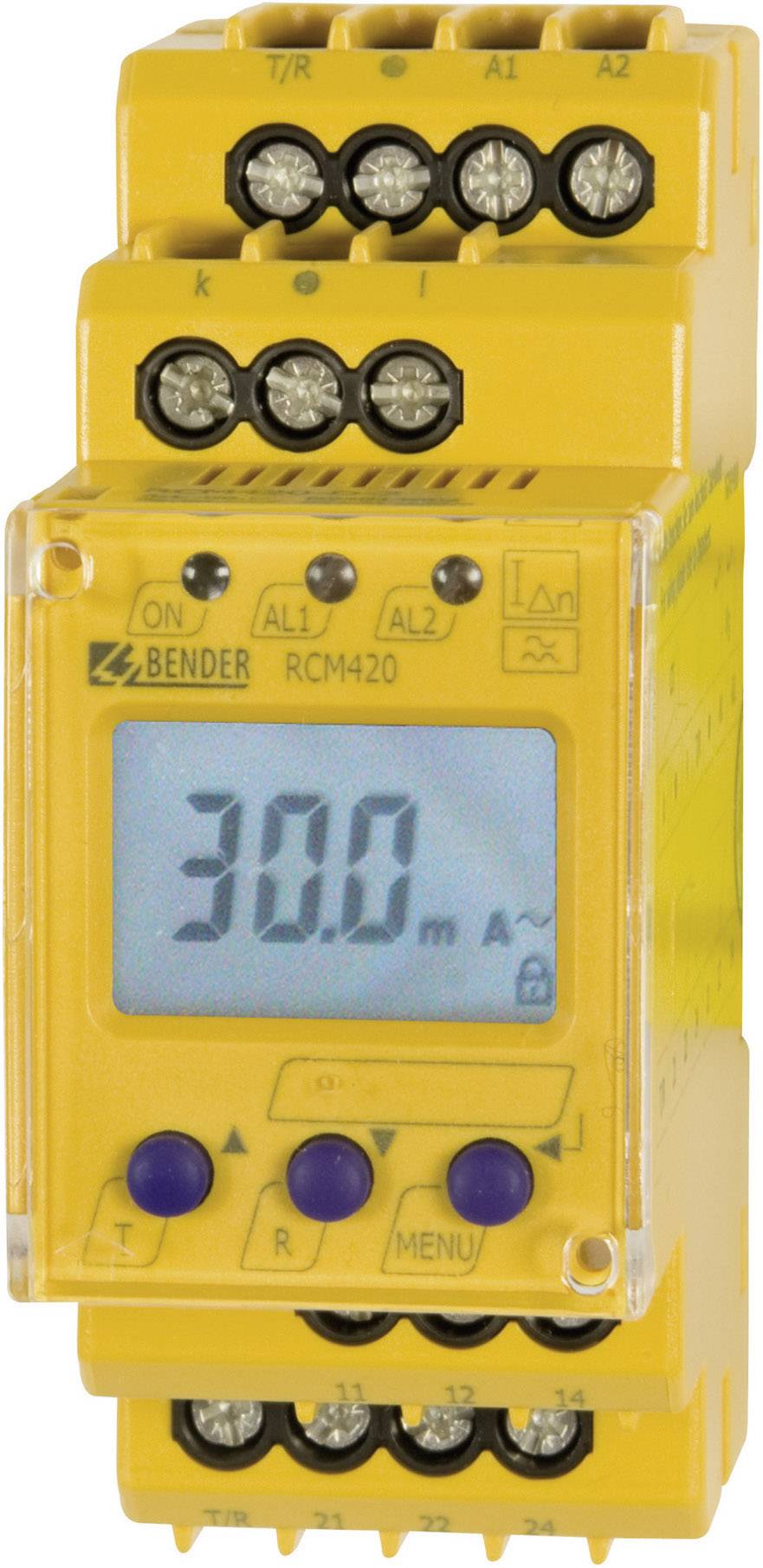 Ein gelbes Messgerät zeigt '30.0 mA' auf dem Display an. Es hat mehrere Anschlüsse oben und unten, sowie Tasten zur Bedienung.