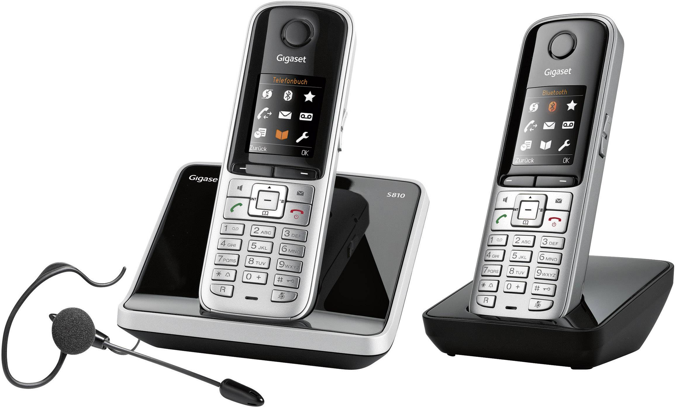 Gigaset S810 Duo mit Headset DECT, GAP Schnurloses Telefon analog Headsetanschluss, Bluetooth, Babyphone Schwarz, Silber