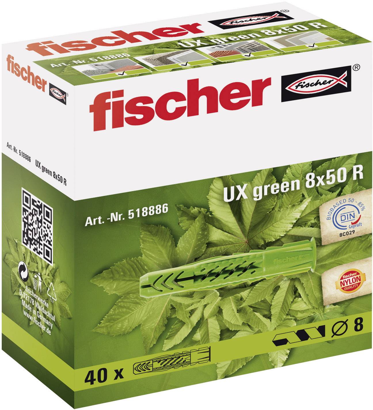 Die Verpackung zeigt grüne Dübel der Marke 'fischer', Modell 'UX green 8x50 R'. Sie enthält 40 Stück und ist mit einem Blattmuster bedruckt.