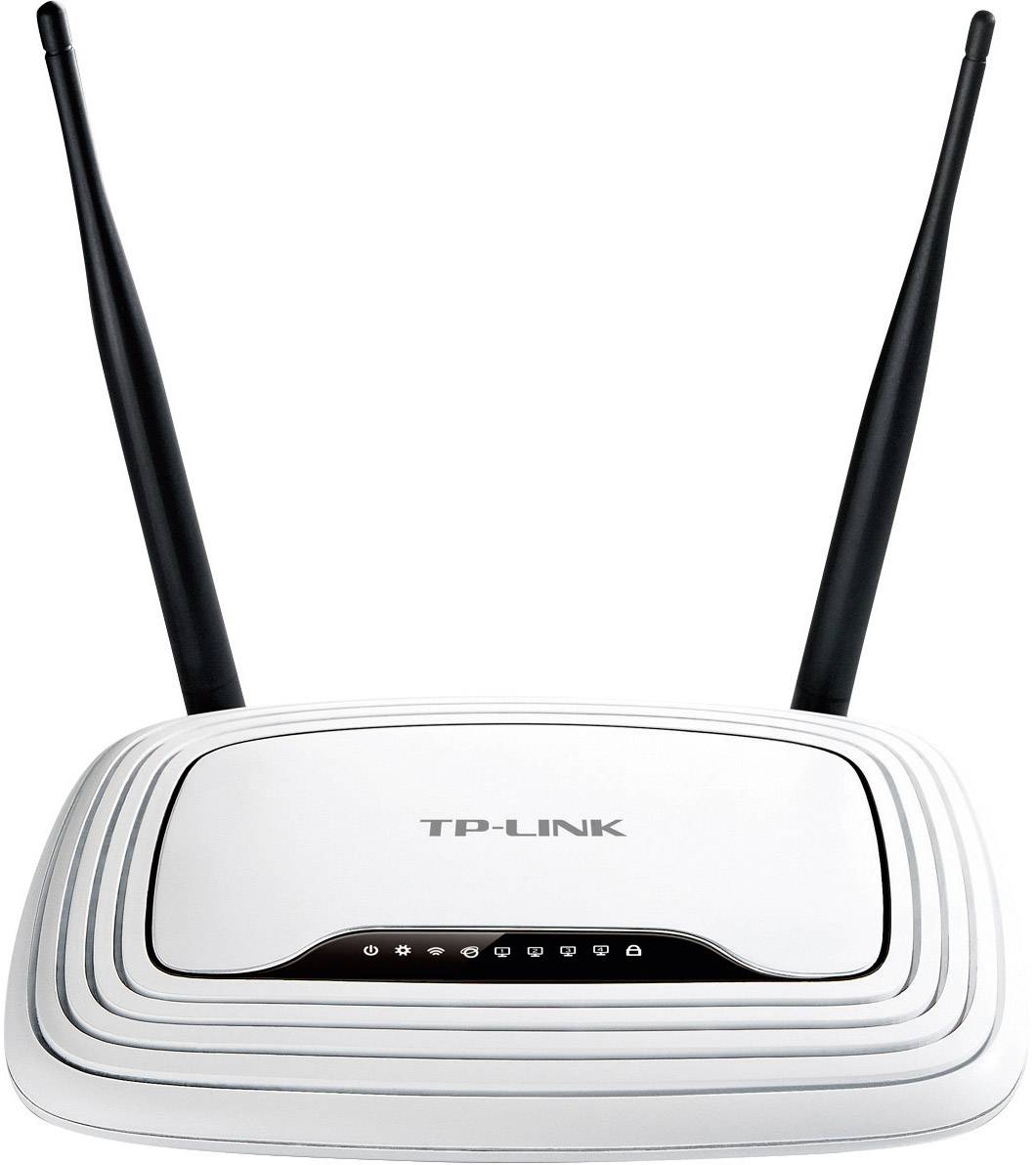 WLAN-Router mit zwei Antennen, weißes Gehäuse, Marke TP-Link. Funktioniert zur drahtlosen Internetverbindung im Haushalt.