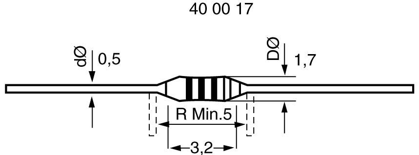 Diagramm eines zylindrischen Bauteils mit Maßen: 0,5 mm und 1,7 mm Durchmesser, 3,2 mm Länge, Mindestbiegung R 5 mm.