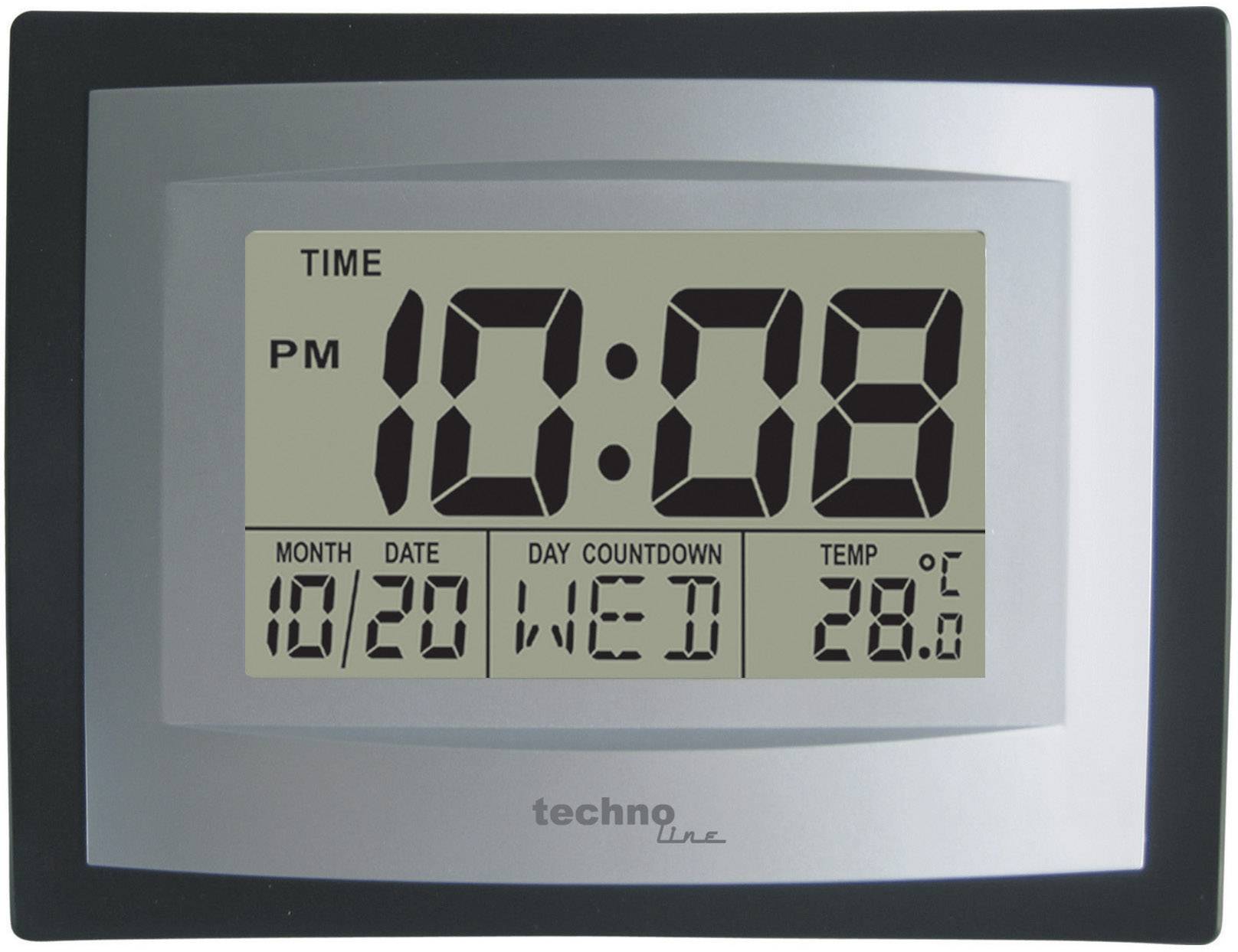 Elektronische Uhr zeigt 10:08 PM, Datum 10/20, Wochentag Mittwoch, Countdown-Tag, Temperatur 28,6°C.