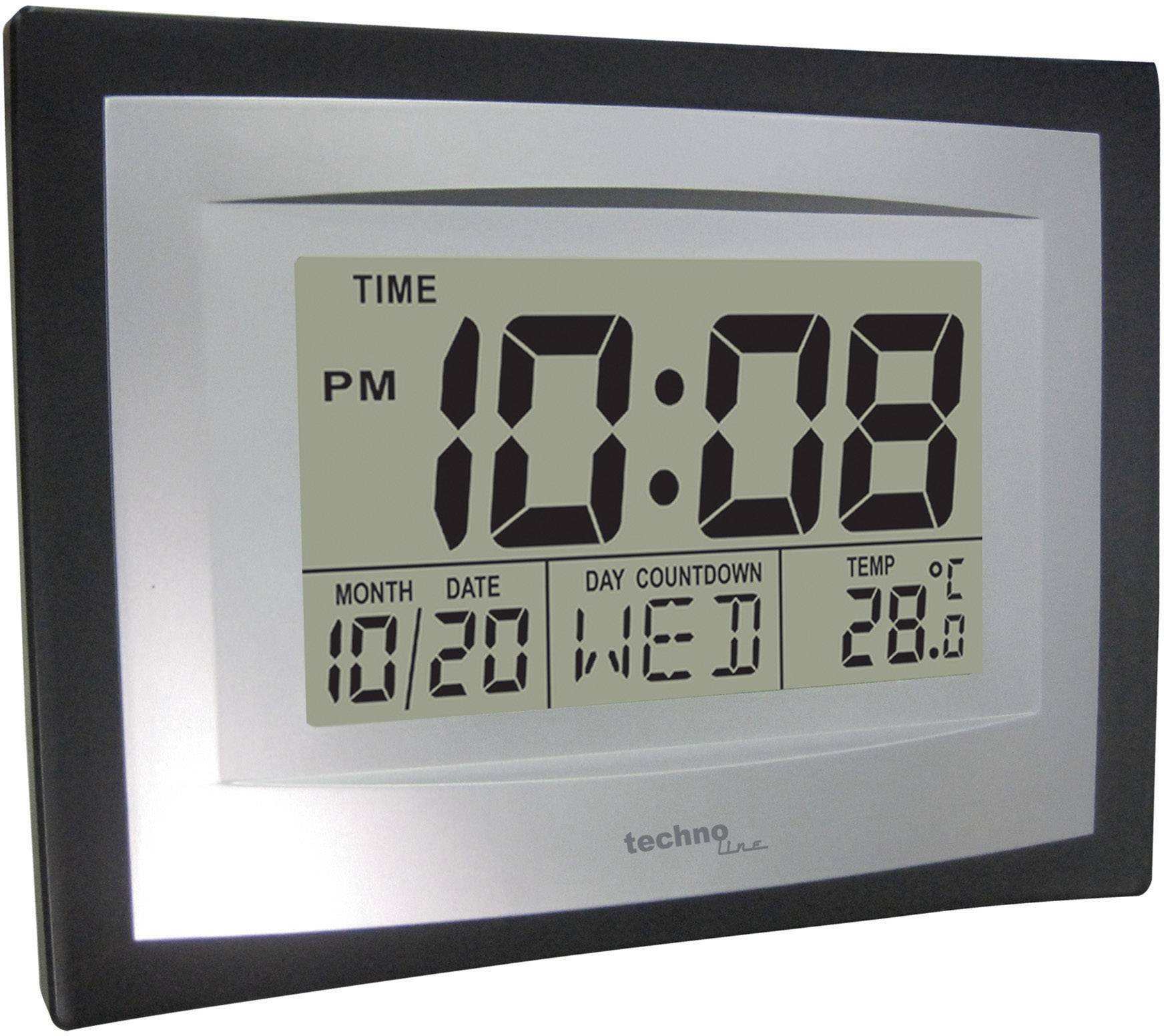 Digitale Wanduhr mit großer Anzeige, zeigt Uhrzeit '10:08 PM', Datum '10/20 WED', Countdown-Tag und Temperatur '28.6°C'.