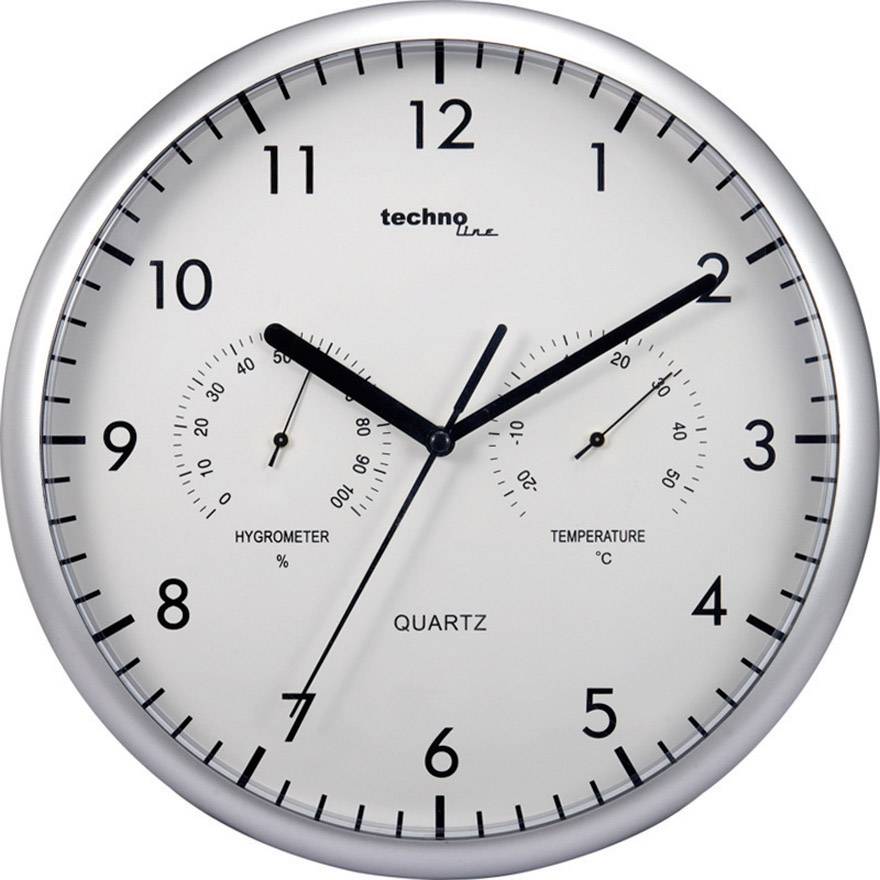 Eine analoge Wanduhr mit silbernem Rahmen zeigt 10:09 Uhr. Kleinere Zifferblätter zeigen Hygrometer (% Luftfeuchtigkeit) und Temperatur (°C).