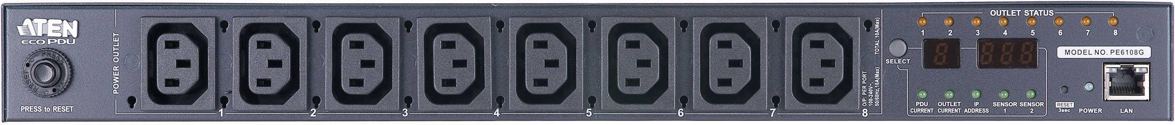 ATEN PE8108G IP-Fernschaltsteckdose, 8 Port, 1HE, 8xC13, 10A, Einzel-P.-Messung