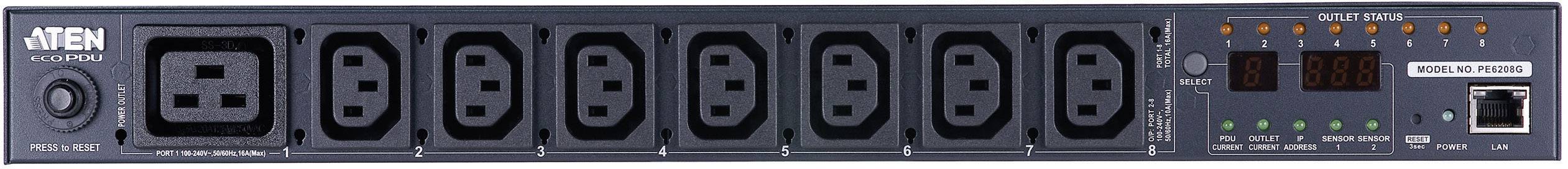 ATEN PE8208G PDU 8 Port, 1HE, 7xC13 + 1xC19, 16A , Einzel-Port-Messung