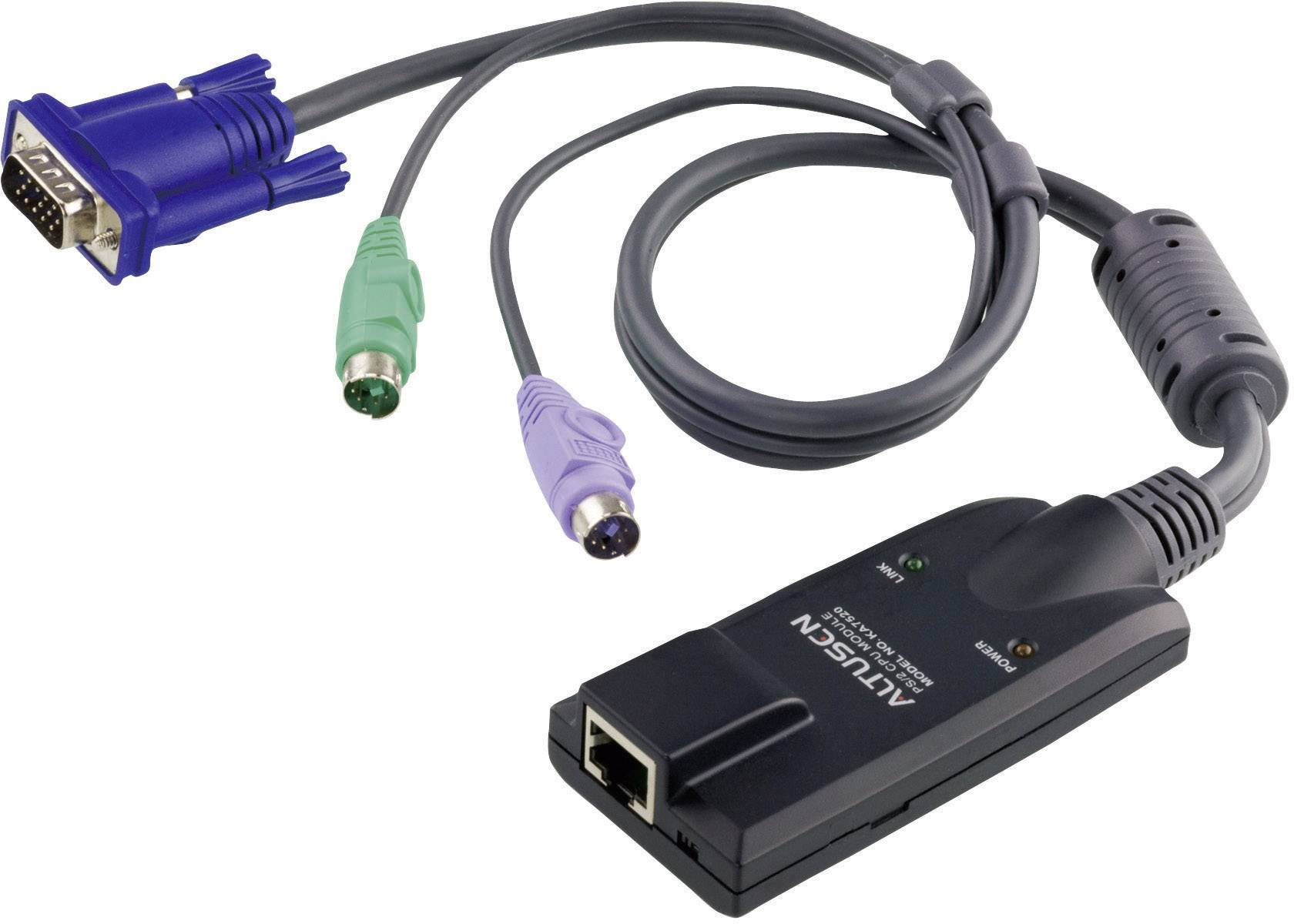 Ein VGA-Adapterkabel mit PS/2-Steckern und einem Ethernet-Anschluss für die Verbindung von Computern mit verschiedenen Ports.