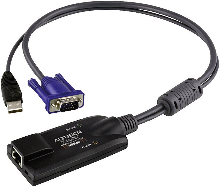 Ein KVM-Switch-Kabel mit einem USB- und VGA-Stecker. Verbindet Computer mit einem KVM-Switch, um Tastatur, Bildschirm und Maus zu steuern.