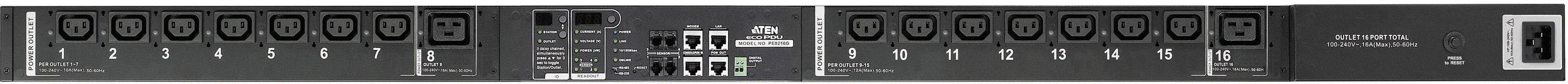 Ein schwarzer Audioverstärker mit zehn nummerierten Kanälen, Kippschaltern, Drehreglern und mehreren Kabelanschlüssen auf der Vorderseite.