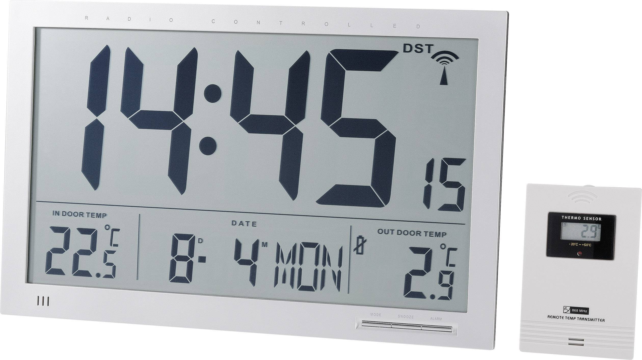 Eine digitale Wanduhr zeigt 14:45 Uhr, Innentemperatur 22,5°C, Außentemperatur 2,9°C, Datum '8 MON 4'. Ein externer Temperatursensor ist erkennbar.