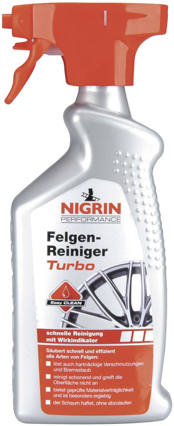 Sprühflasche mit der Aufschrift 'Nigrin Performance Felgen-Reiniger Turbo'. Bild eines Autoreifens auf dem Etikett.